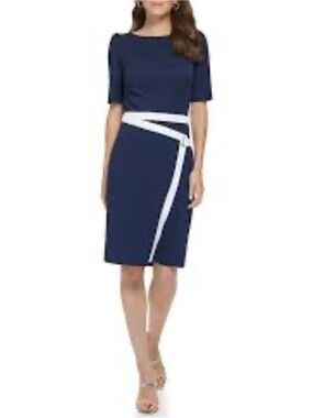 DKNY Navy Midi Sheath Dress with White Trim and Belt